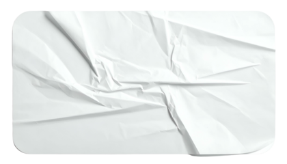 Close-up of a white, rectangular sticker with rounded corners, heavily wrinkled and creased