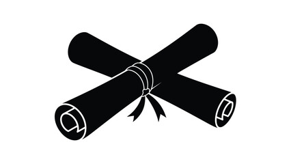 Flat black silhouette vector icon of two crossed scrolls tied with ribbon, representing academic graduation isolated on white background