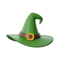 Green Witch Hat with Brown Belt and Gold Buckle Isolated on White