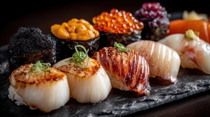 Sushi nigiri with various toppings presented on a dark slate, close-up, and high-angle view