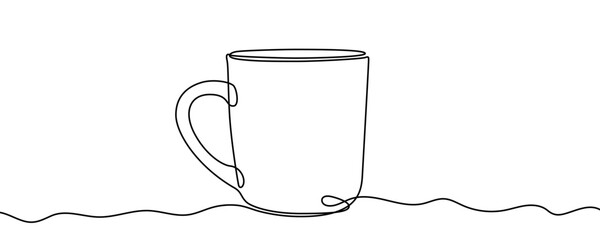 Large cylindrical cup or mug. Drawing in one line art style with editable black stroke on a white background. Vector illustration.