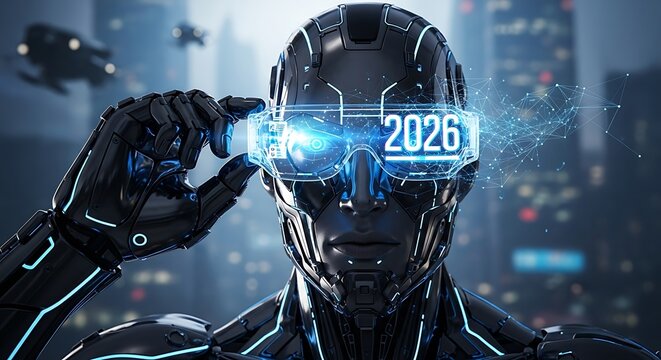 Robot with futuristic digital display. - Powered by Adobe