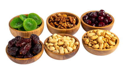 Six wooden bowls containing an assortment of dried fruits and nuts, with a black backdrop