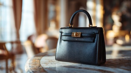 Elegant black leather purse with gold hardware on marble table in blurred room