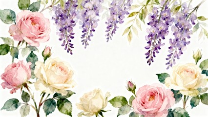 Watercolor painting of roses and wisteria