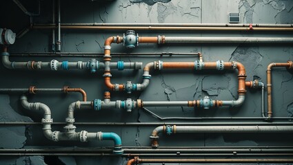 Industrial pipes and valves on a rough grey wall in a vintage setting