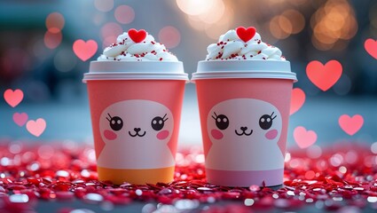 Two Cute Kawaii Coffee Cups with Whipped Cream and Hearts on Festive Background