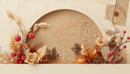 Elegant Fall Decoration with Arch, Berries, Rose, Pumpkin, and Beige Ornament Details