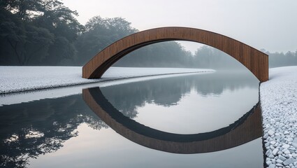 Wooden Bridge over Water in Foggy Landscape with Rocks Covered by Snow in Winter Season