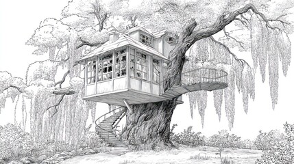 Detailed pencil sketch of a treehouse