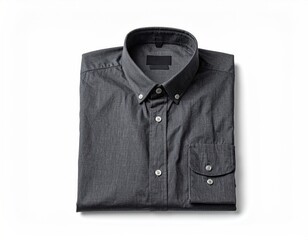 Folded dark grey shirt, buttoned, collar up on white surface