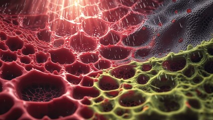 Extreme Close-up of Honeycomb-like Surface with Holes and Light Streaks in Red and Green