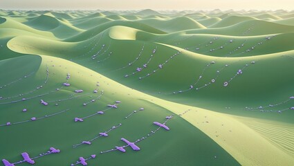 Surreal Green Sand Dunes with Purple Accents and Strange Markings at Golden Hour
