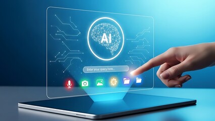 A hand interacts with a futuristic AI interface on a tablet in a modern setting