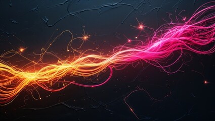 Luminous streaks of orange and pink light trails dancing on a dark textured backdrop.