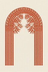 Ornate Red Bamboo Arch Illustration on Cream Background for Asian Decor or Invitation
