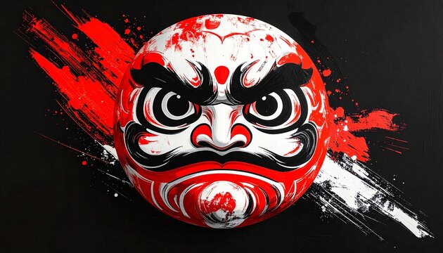 祝いと吉兆を象徴する黒背景の紅白達磨墨絵