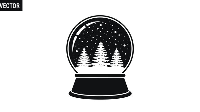 Black and white vector snow globe with pine trees inside isolated on white background