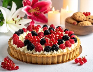 Berry tart, lilies, cookies & candles on a white surface