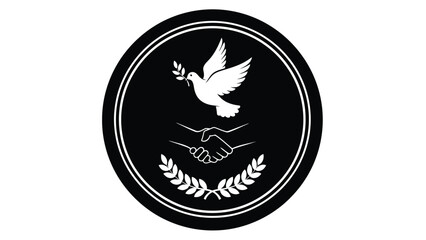 Minimalist black and white dove handshake logo symbol with laurel wreath isolated on white background