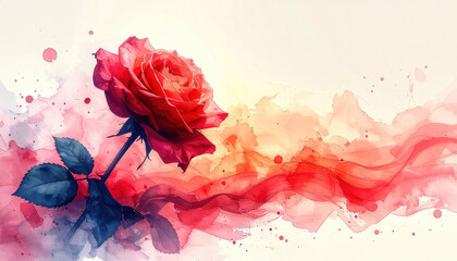 Vibrant red rose with watercolor splashes creates artistic and romantic atmosphere