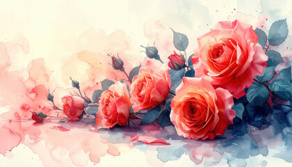 Watercolor painting of vibrant pink roses with green leaves, creating soft and romantic atmosphere