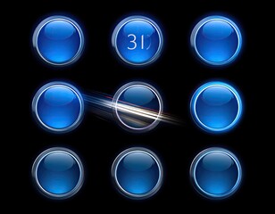 Nine glossy blue buttons with trails on a black background