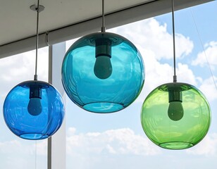 Glass orb pendants blue, teal, & green against bright sky