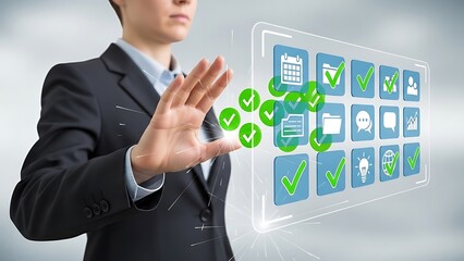 A professional interacts with a futuristic interface displaying various application icons and checkmarks