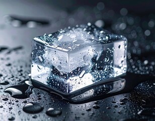 Clear ice cube with water droplets on a dark reflective surface