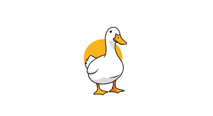An adorable cartoon white duck with a bright orange beak and webbed feet stands calmly, highlighted by a yellow circular backdrop.