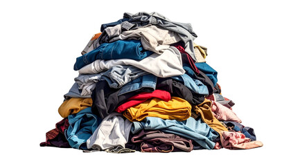 A large, colorful pile of various folded and crumpled garments, isolated on a black background