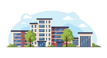 Modern urban landscape illustration featuring contemporary buildings, lush green trees, and bushes, all beneath a clear blue sky.