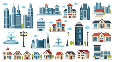 Obraz premium Vector collection of diverse urban and suburban architecture, featuring modern skyscrapers, traditional houses, office buildings, and city elements in flat design.