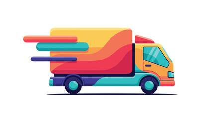 Colorful and modern graphic of a delivery truck in motion, representing rapid and reliable logistics and transport.