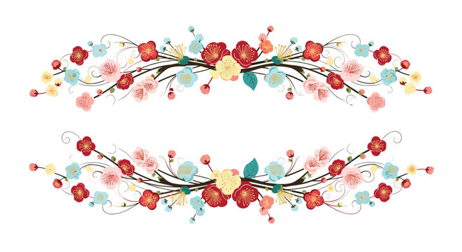Two elegant, colorful floral borders with stylized blossoms and delicate tendrils, perfect for decorative design elements.