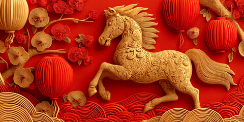 Golden stallion gallops amidst tangerine dreamscapes and vibrant crimson backdrops, celebrating the artistry of Chinese decor