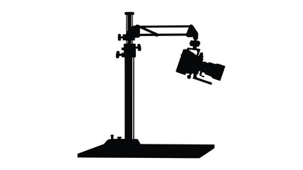 Silhouette of a studio lighting stand with adjustable arm and lamp isolated on white background