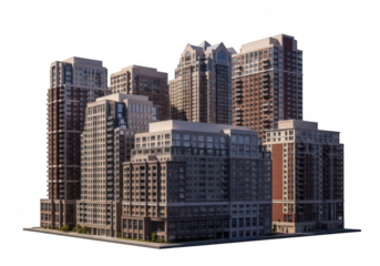 A cluster of modern high rise apartment buildings rendered in detail isolated on transparent background