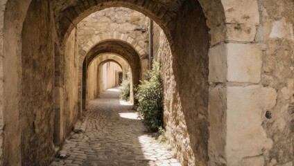 Fototapeta premium Ancient Stone Arches Alleyway in a Historic European Village.