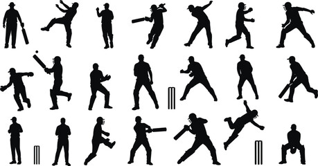 Collection of black silhouettes depicting various cricket player actions and equipment Keywords: cricket player, cricket