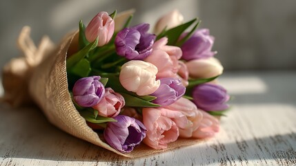 Stunning bouquet of fresh pink and purple tulips wrapped in brown kraft paper resting on a white wooden table bathed in soft morning sunlight.