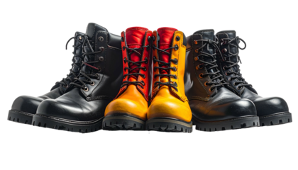 Boots display with various colors and designs in a semicircle, isolated on black