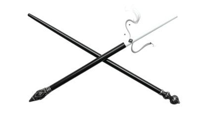 Two crossed white bladed weapons with ornate black handles on a stark, black backdrop