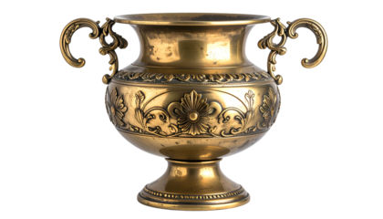 Ornate antique brass urn with elaborate floral and foliate relief and detailed handles