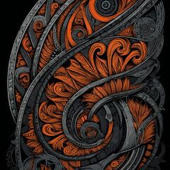 Fractal Maori Tattoo Design with Bold Orange and Black