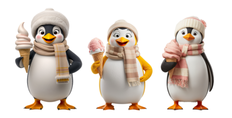 Cheerful playful cartoon penguin in a hat and scarf, happy pose with ice cream isolated on transparent background