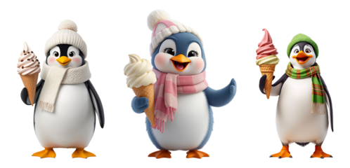 Cheerful playful cartoon penguin in a hat and scarf, happy pose with ice cream isolated on transparent background