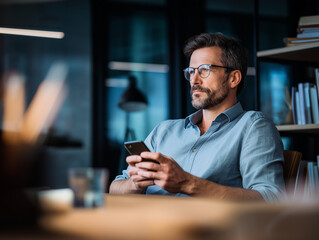 Mature man with glasses holding a smartphone in an office setting, contemplating a business opportunity or personal message
