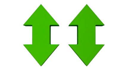 Two green arrows, one pointing up, one down, set against a stark black background